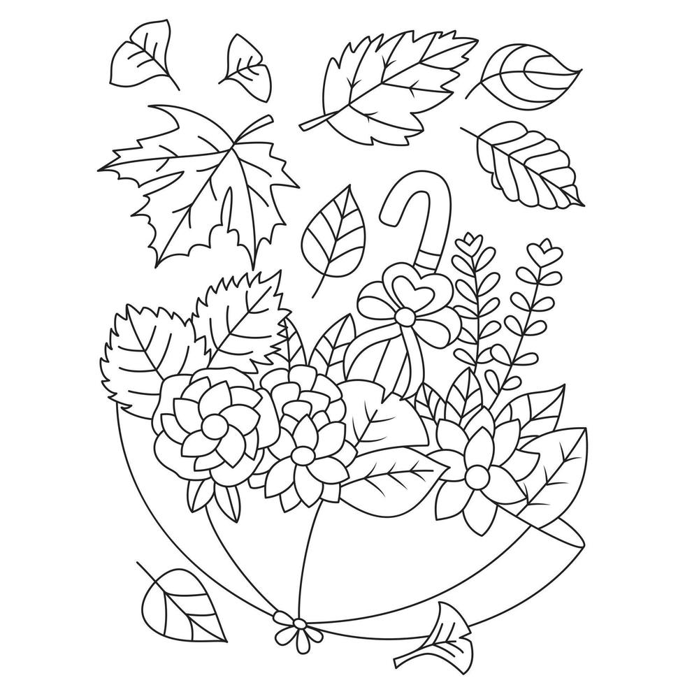 Umbrella full of autumn leaves and flowers gift maple leaves Fall season coloring pages vector
