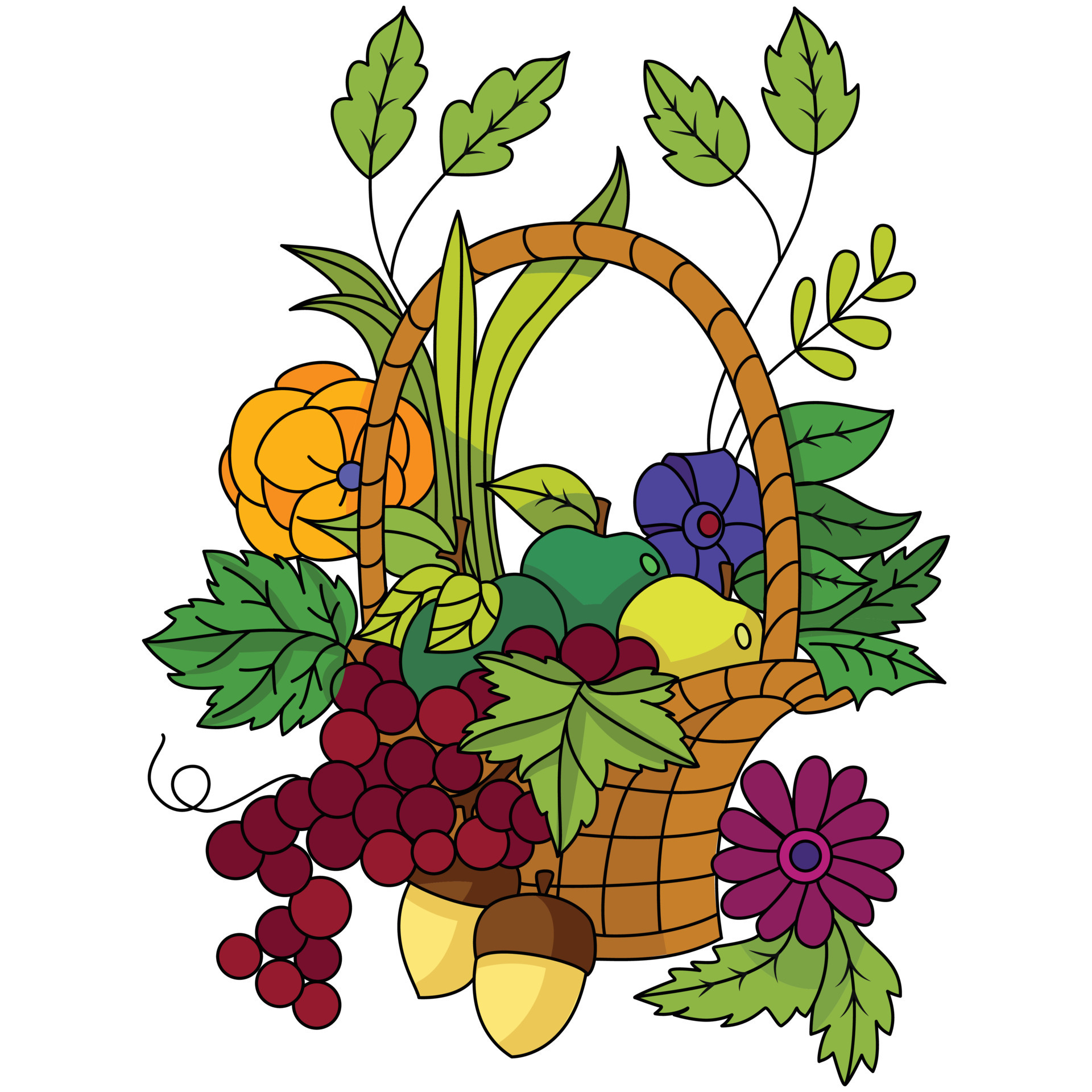 A big fruit basket full of seasonal fruits flowers Autumn Fall season