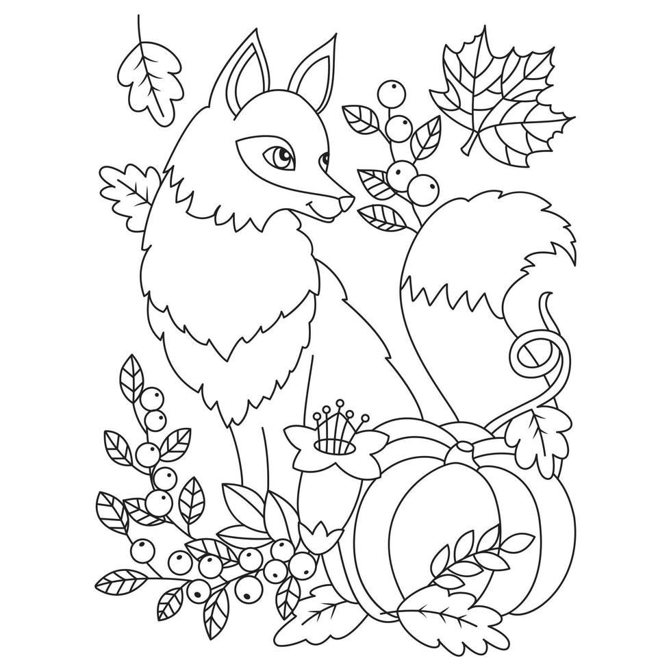 Fox in autumn themes like berries leaves with pumpkin autumn seasonal or thanksgiving coloring pages outline vector