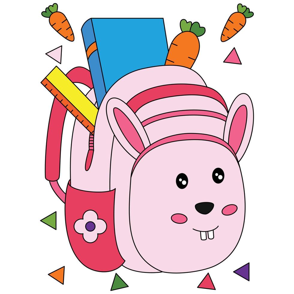 mochilas escolares de conejito de conejo rosa con suministros en bolsillos abiertos y vector de coloración de zanahorias