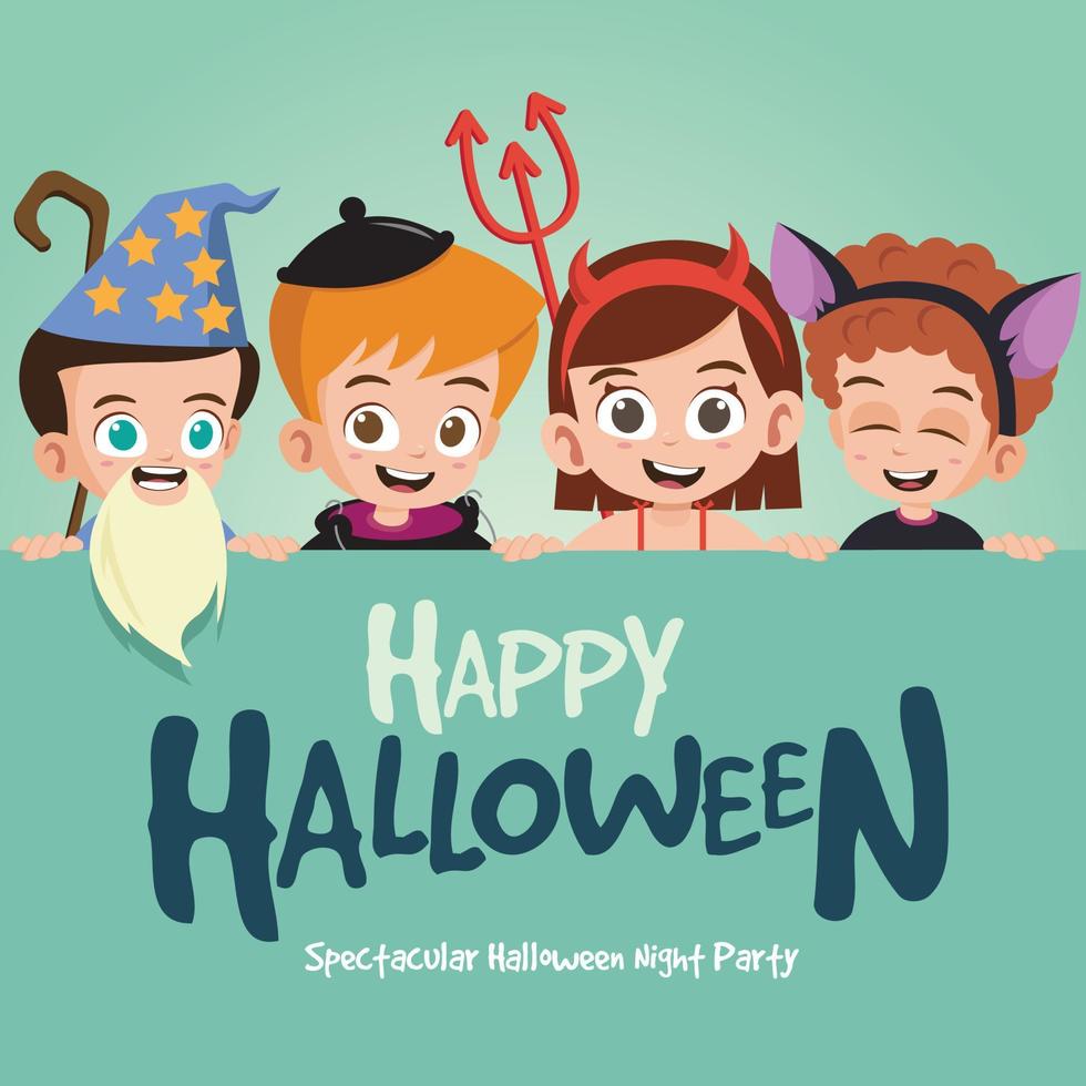 grupo de niños disfrazados de halloween con letrero de halloween feliz ilustración vectorial vector