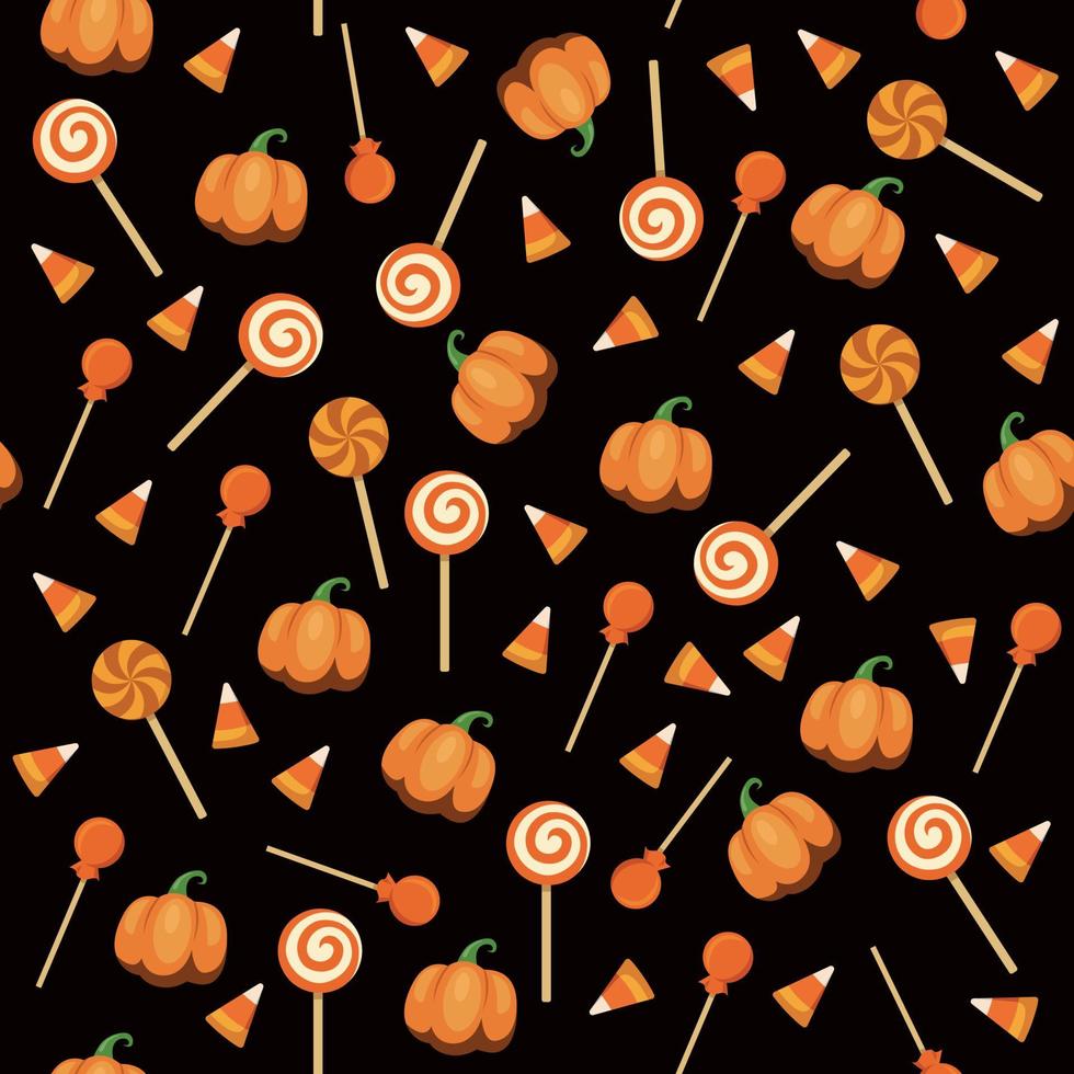 patrón vectorial sin costuras con caramelos naranjas de halloween en un fondo vectorial negro vector