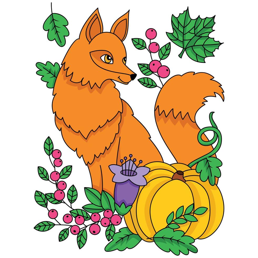 Fox in autumn themes like berries leaves with pumpkin autumn seasonal or thanksgiving coloring pages vector