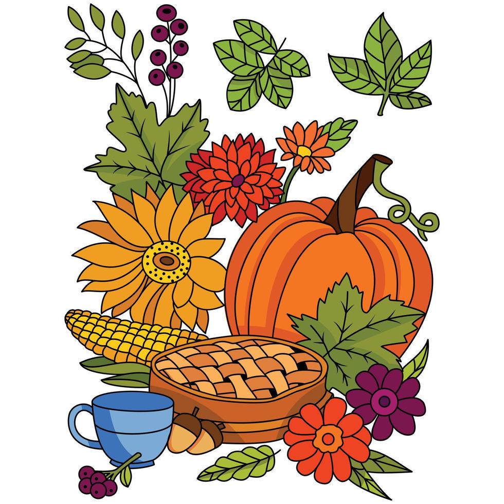 Autumn harvest vegetable pumpkin corn acorn flowers Autumn Fall season coloring illustration pages vector