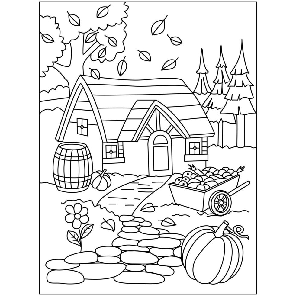 otoño casas escena otoño cosecha vegetales frutas con el fondo árboles temporada páginas para colorear vector