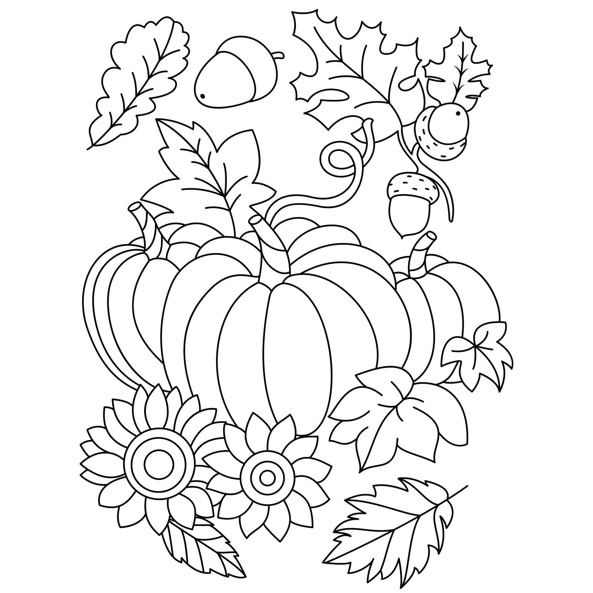 pumpkin acorn flowers autumn leaves fall thanksgiving coloring