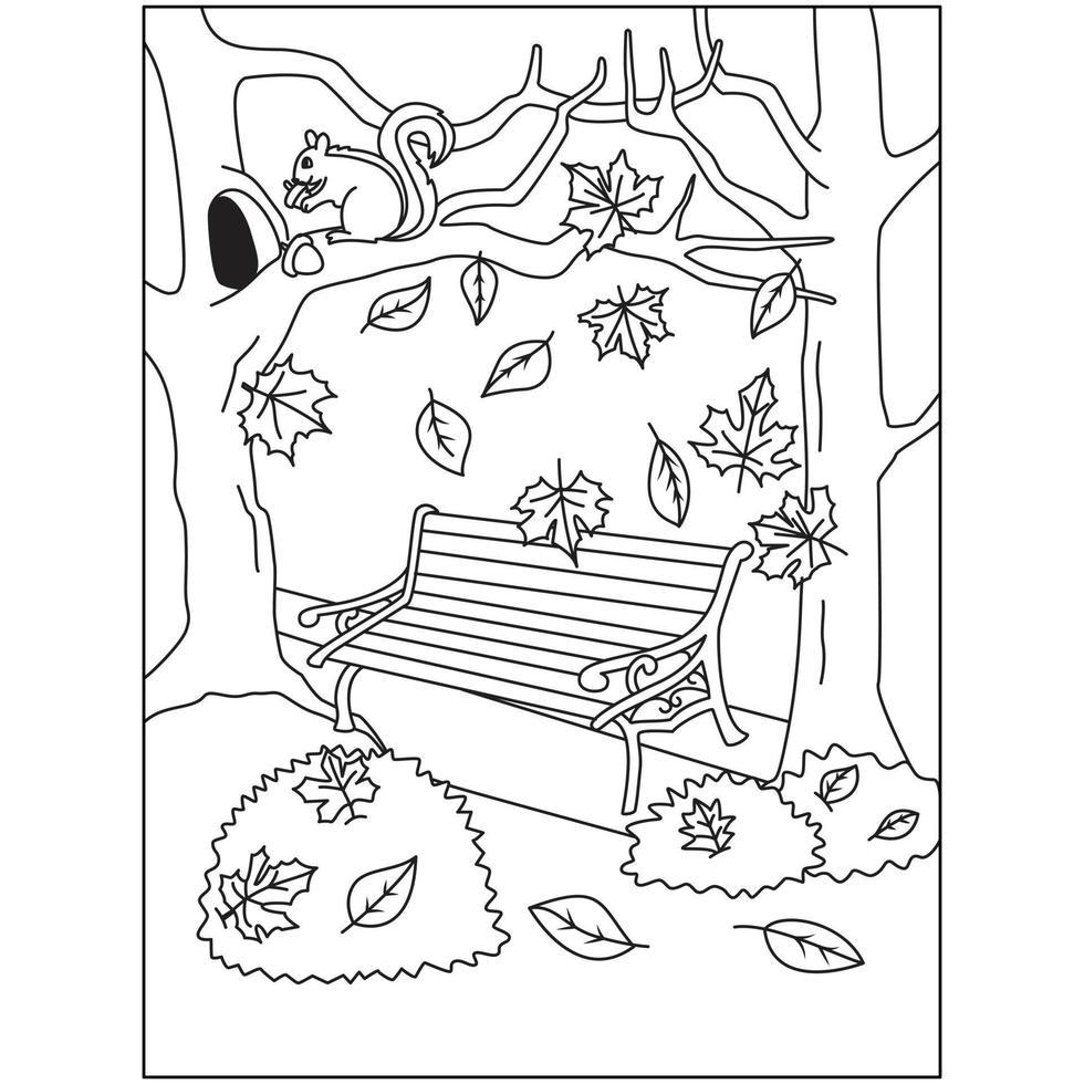 Squirrel on tree branch and a bench between two trees maple leafs Autumn Fall season coloring pages vector