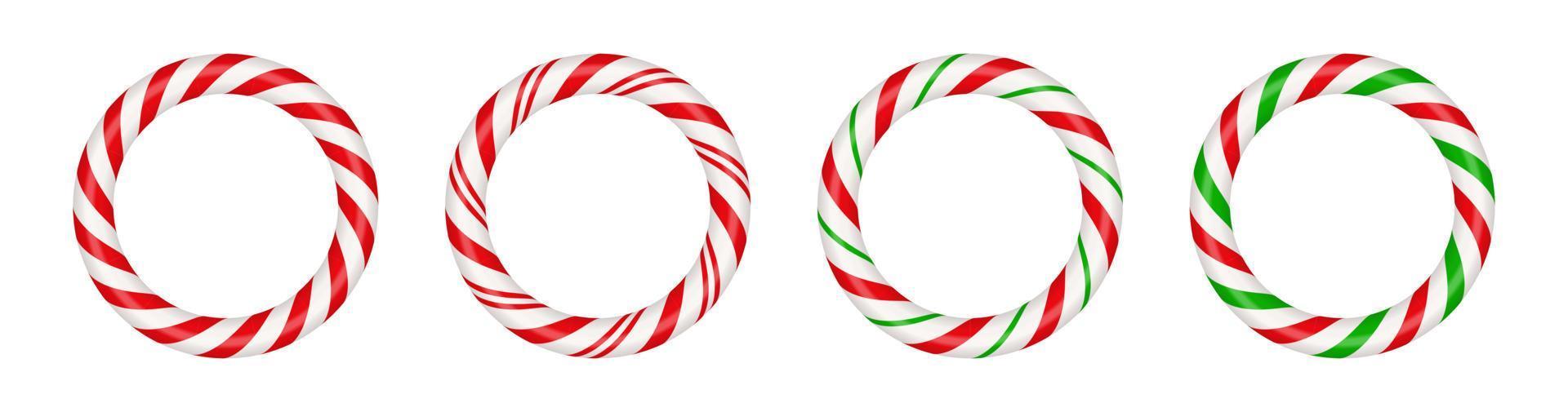 Christmas candy cane circle frame with red and green striped. Xmas border with striped candy lollipop pattern. Blank christmas and new year template. Vector illustration isolated on white background