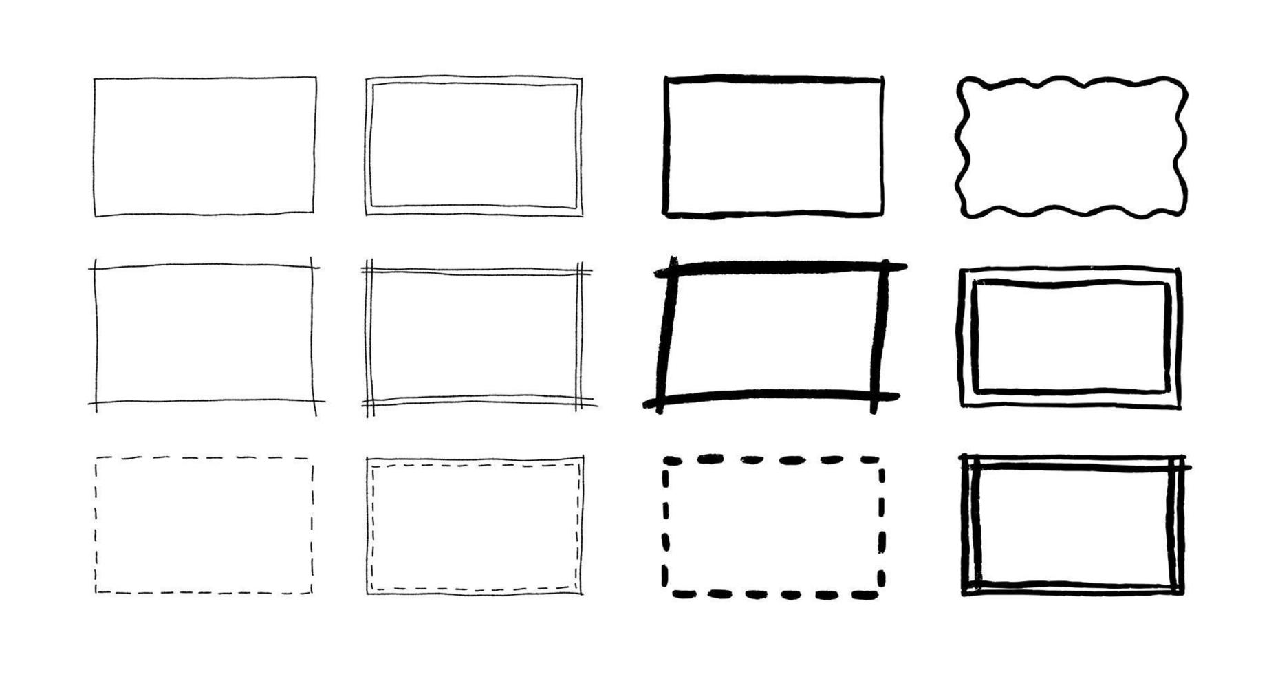 Free hand drawn rectangle frames set. Doodle rectangular shape. Scribble pencil square text box. Doodle highlighting design elements. Line border. Vector illustration isolated on white background