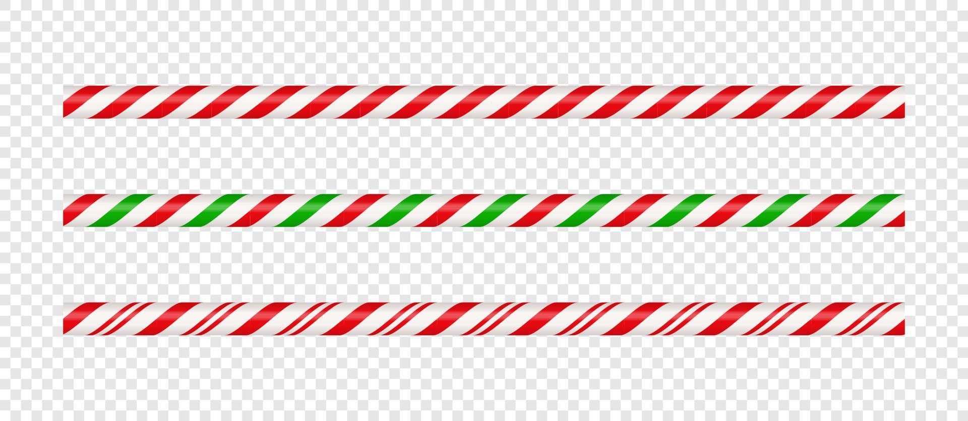 Christmas candy cane straight line border with red and green striped. Xmas seamless line with striped candy lollipop pattern. Christmas element. Vector illustration isolated on white background