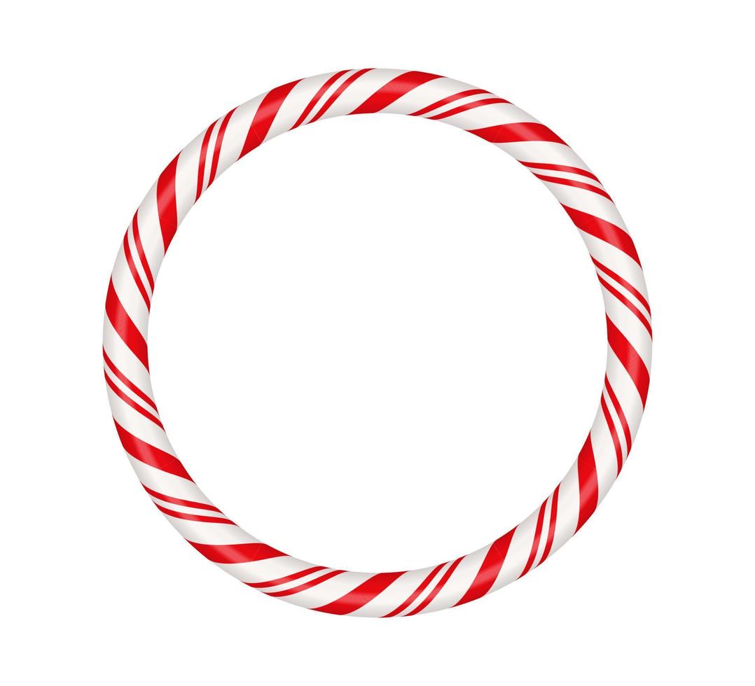 Christmas candy cane circle frame with red and white striped. Xmas border with striped candy lollipop pattern. Blank christmas and new year template. Vector illustration isolated on white background