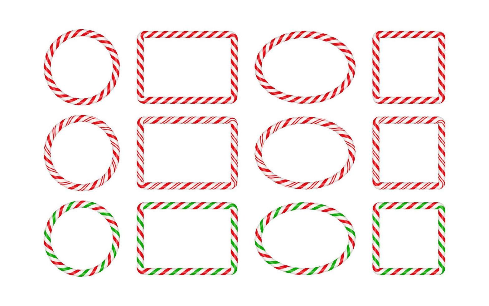 marcos de bastón de caramelo de navidad con rayas rojas y verdes. círculo de navidad, ovalado, borde cuadrado con patrón de piruleta de caramelo a rayas. Ilustración de vector de plantilla de Navidad en blanco aislado sobre fondo blanco