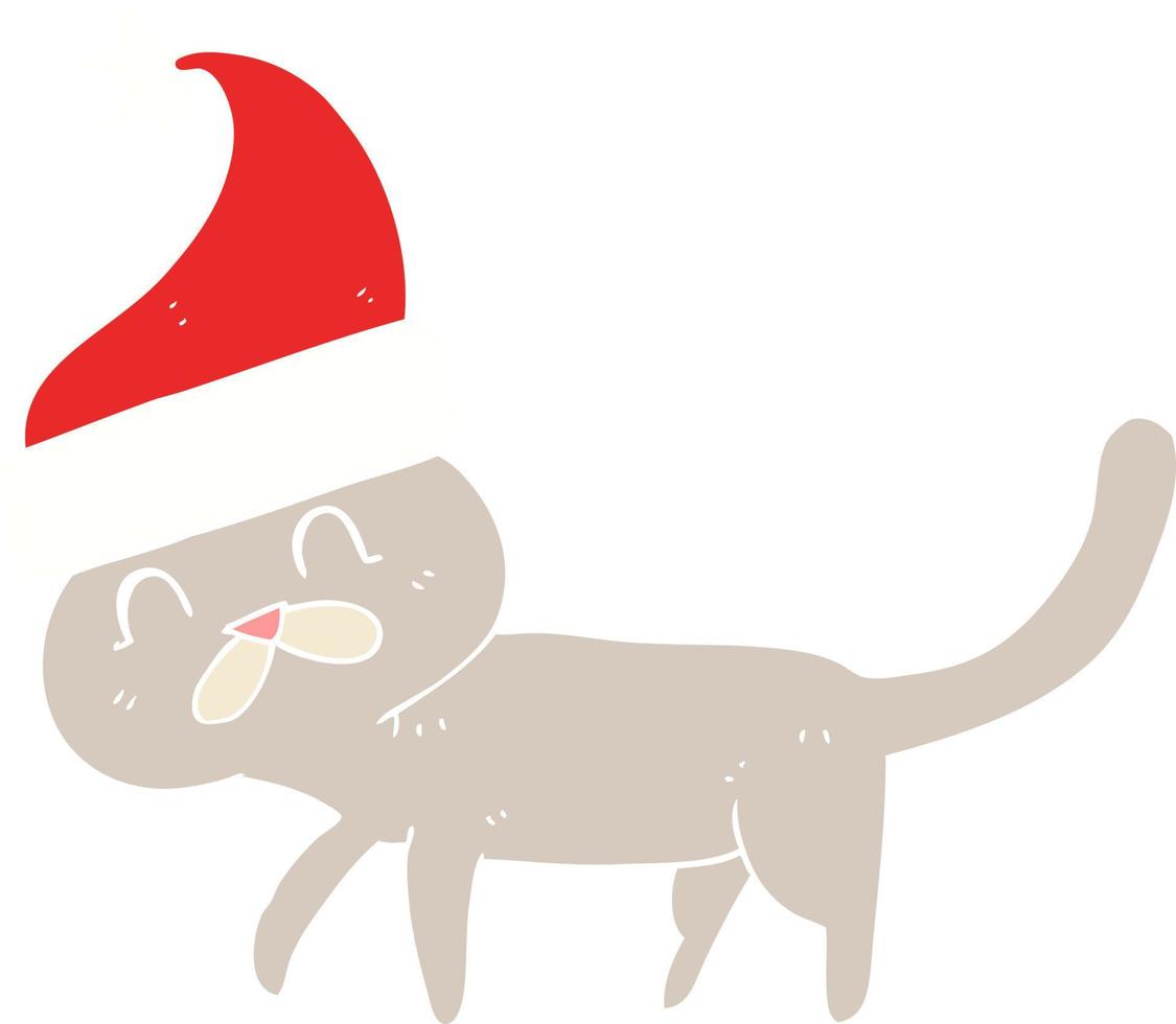 flat color illustration of a cartoon cat wearing christmas hat vector