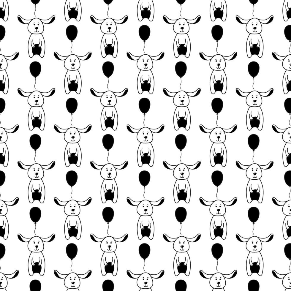 Cute seamless dog pattern with funny doodle dog with black balloons.Doodle vector illustration. Pattern for kids print, fabric, postcards