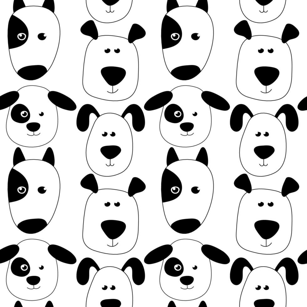 Seamless pattern with puppies in doodle style. Black and white vector dogs background for fabric, posters, kids