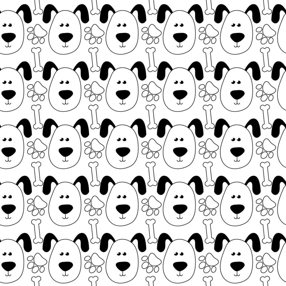 Seamless pattern with puppy, bones and paws in doodle style. Black and white vector dogs background