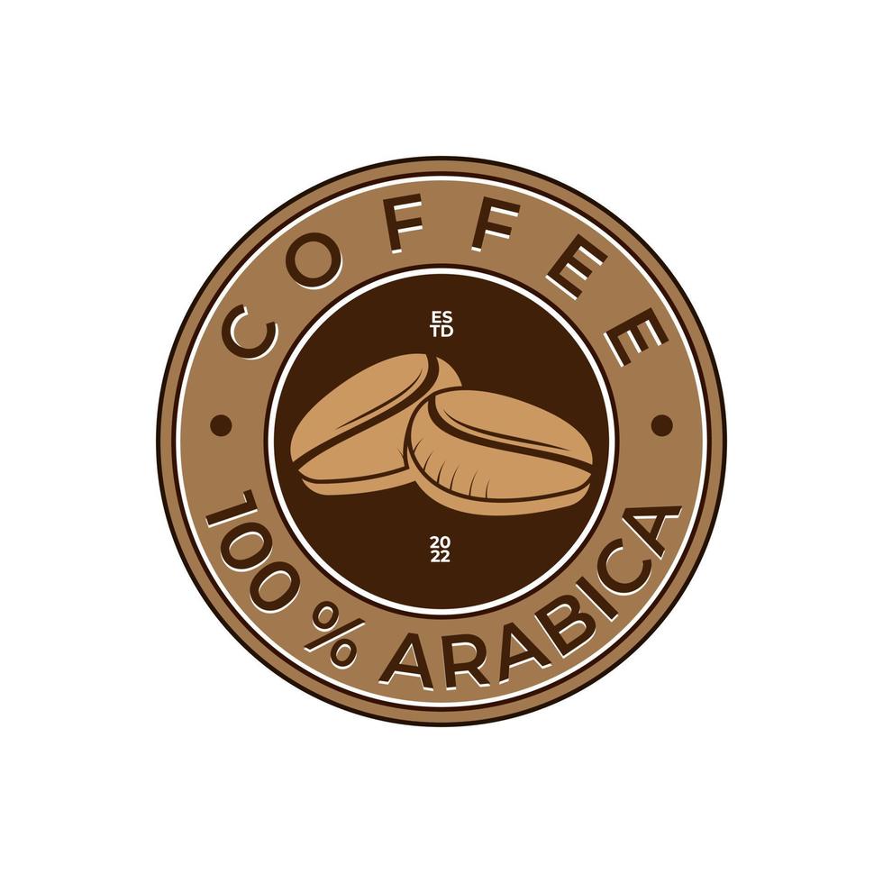 logotipo de café, emblema. granos de café con letras en placa redonda, emblema, plantilla, vector