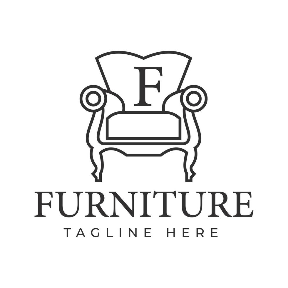 Furniture logo vector illustration design, letter F on sofa  design template, symbol, icon