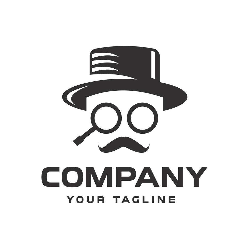 Face of an old man wearing magnifying glasses, black hat, with mustache logo design. vector