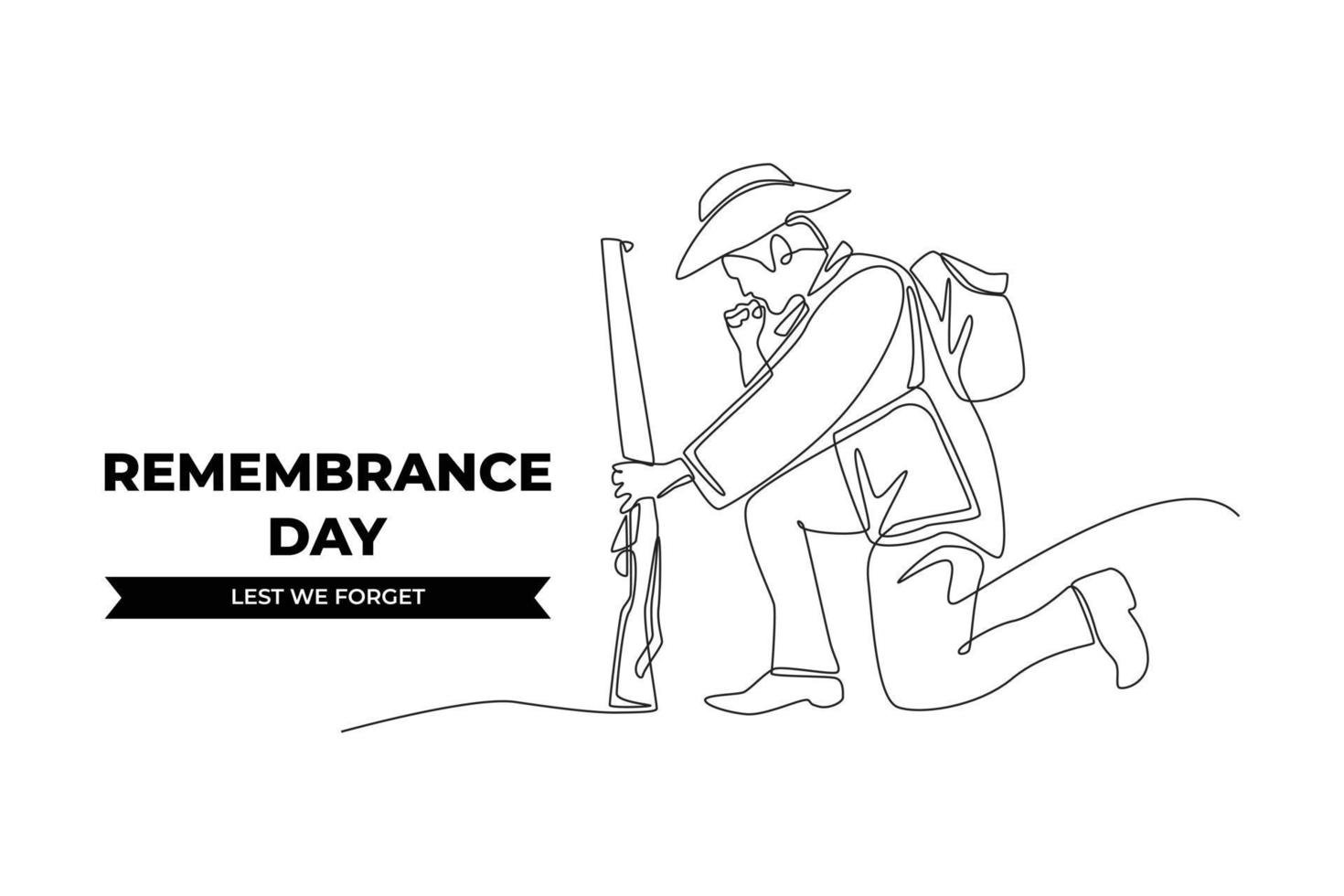 Continuous one line drawing a soldier kneeling with a gun beside the remembrance day to show respect. Remembrance day concept. Single line draw design vector graphic illustration.