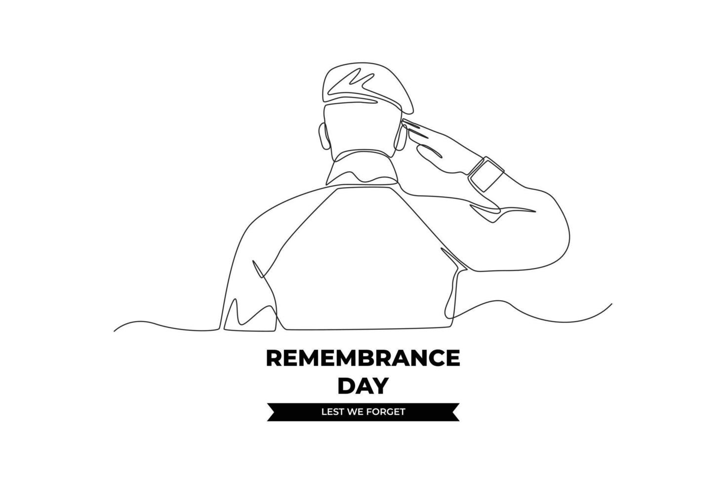 Continuous one line drawing a soldier salute back view to remembrance day to show respect. Remembrance day concept. Single line draw design vector graphic illustration.