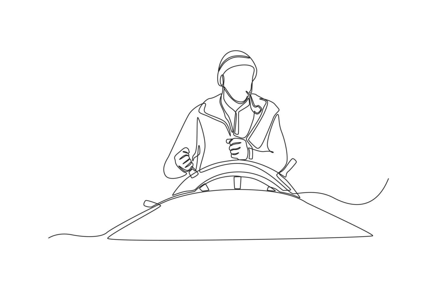 Single one line drawing man driving ship for controlling the boat. . Shipment and logistic concept. Continuous line draw design graphic vector illustration.
