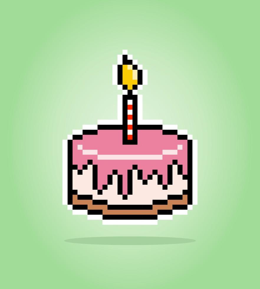 Pastel de cumpleaños de 8 bits de píxeles. alimento para los activos del juego en la ilustración vectorial. vector