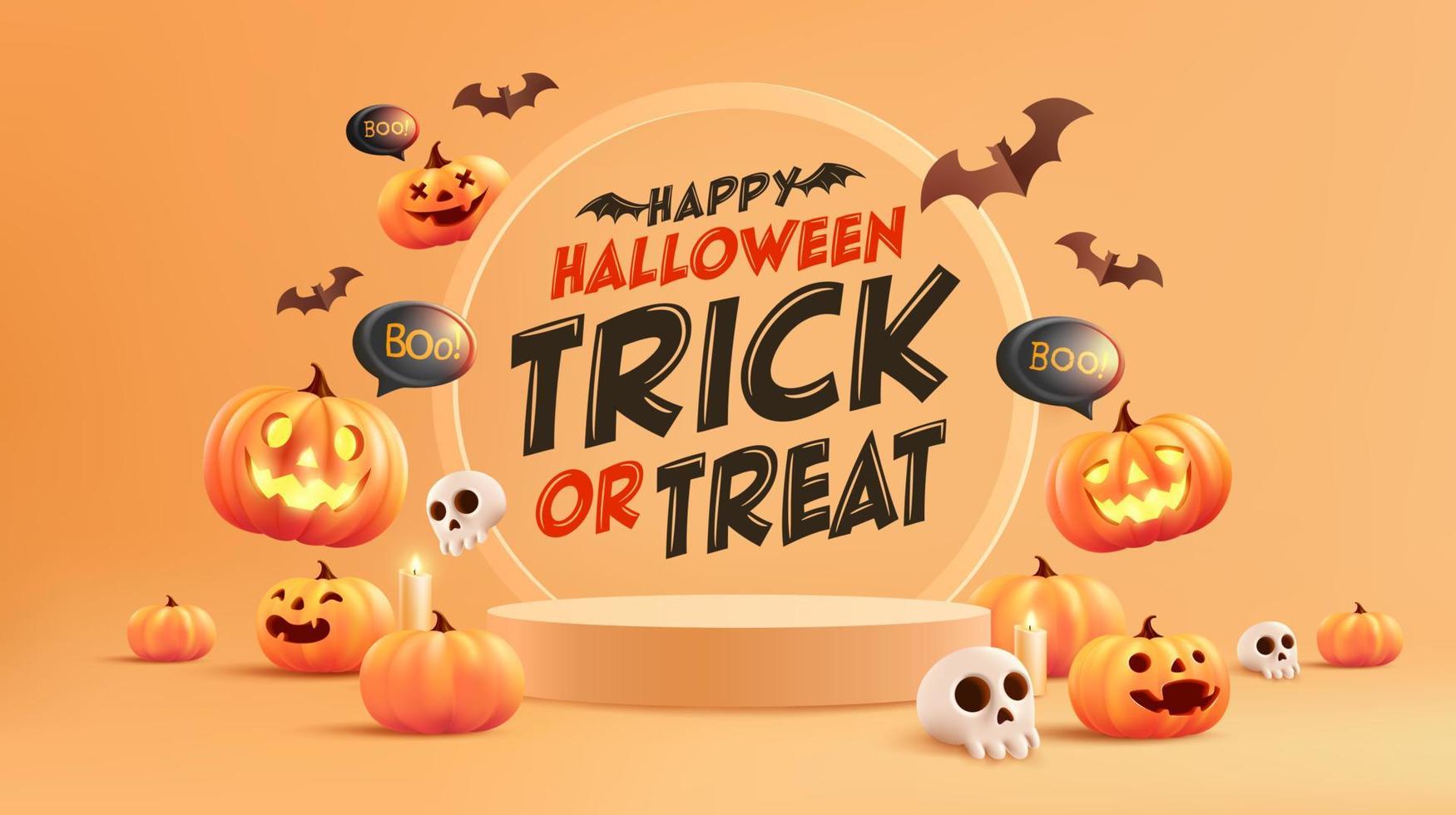 Halloween banner template with pumpkin and minimal podium pedestal product display background and Halloween Elements. Website spooky,Background or banner Halloween template vector