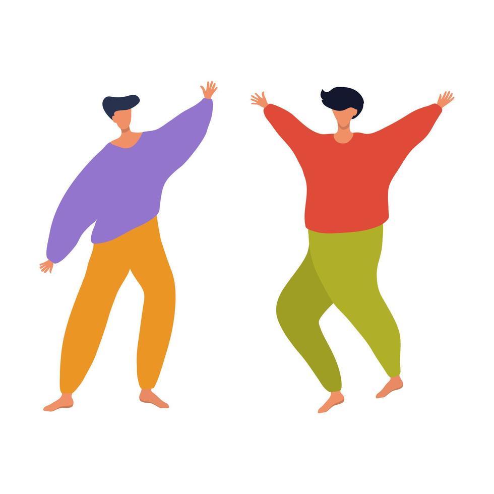 Two male disco dancers in flat cartoon design. Vector minimalism.