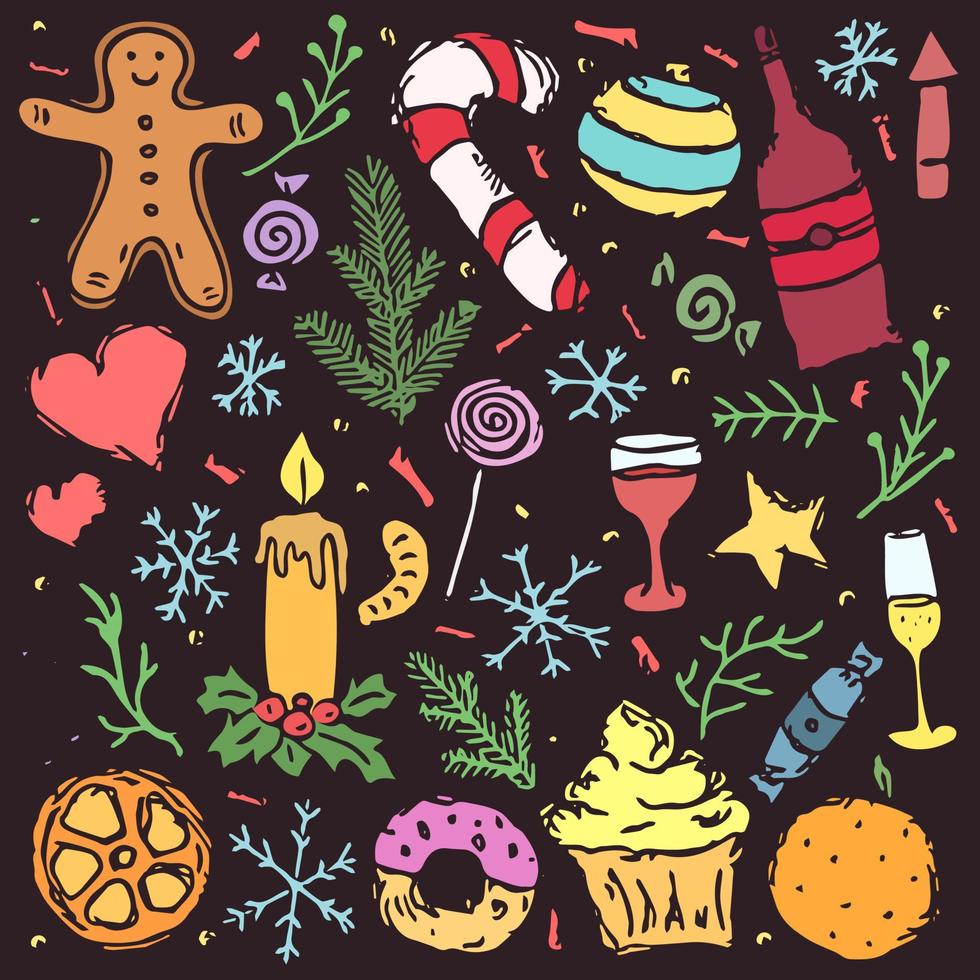 iconos de navidad. fondo de año nuevo. ilustración de fideos con iconos de navidad y año nuevo vector