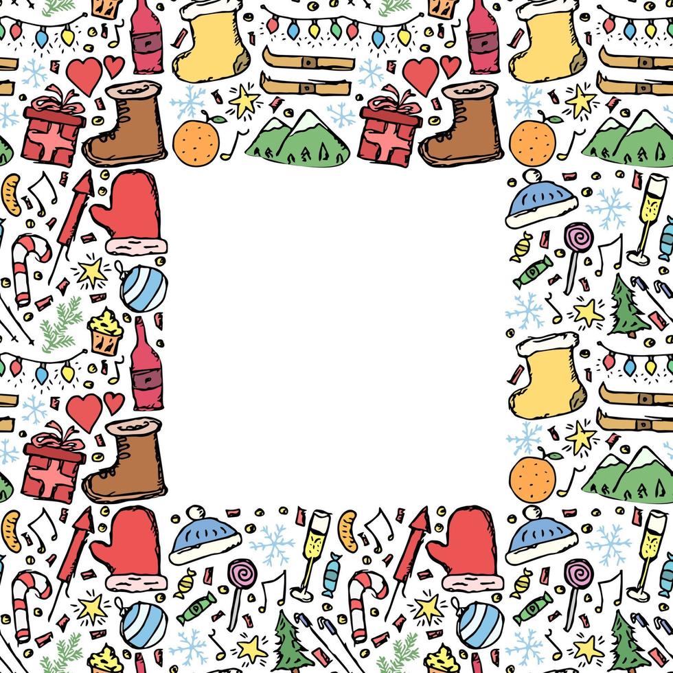 fondo de navidad. marco de año nuevo. doodle navidad y año nuevo ilustración con lugar para texto vector