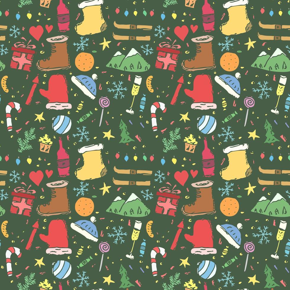 patrón de Navidad sin costuras. fondo de año nuevo. ilustración de fideos con iconos de navidad y año nuevo vector