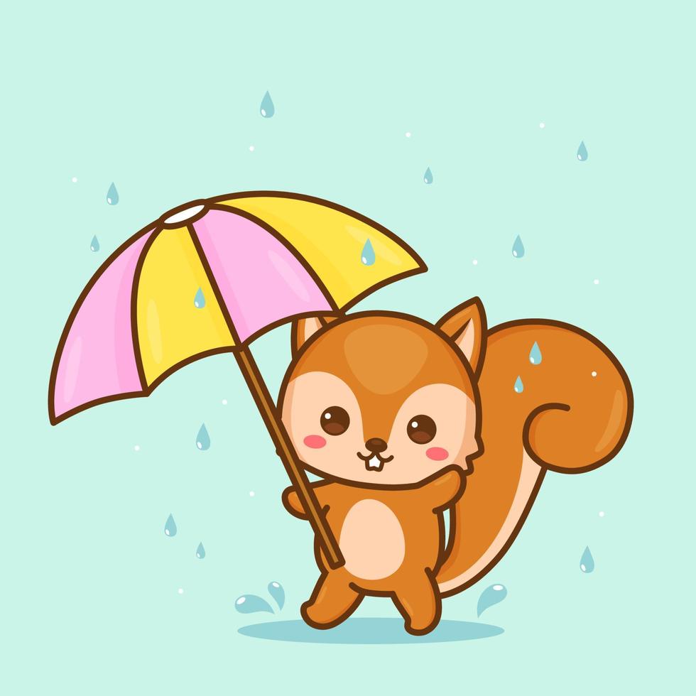 cute squirrel under the umbrella in the rain vector
