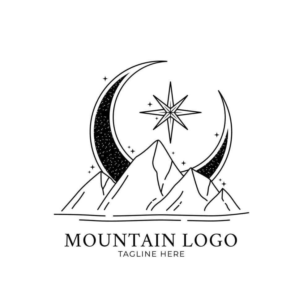 monochrome mountain moon with big star logo design vector