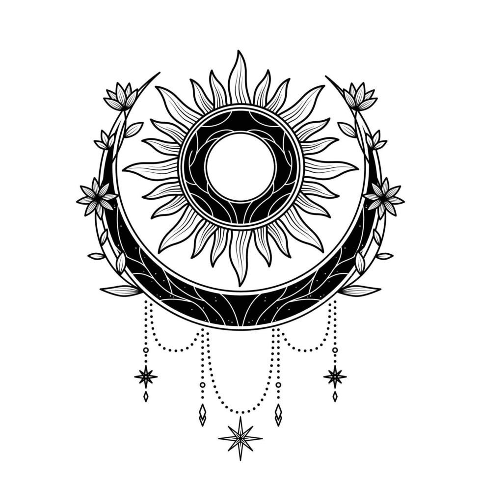 diseño de logotipo de sol y luna floral monocromático para tatuaje  corporativo o empresa 12148966 Vector en Vecteezy