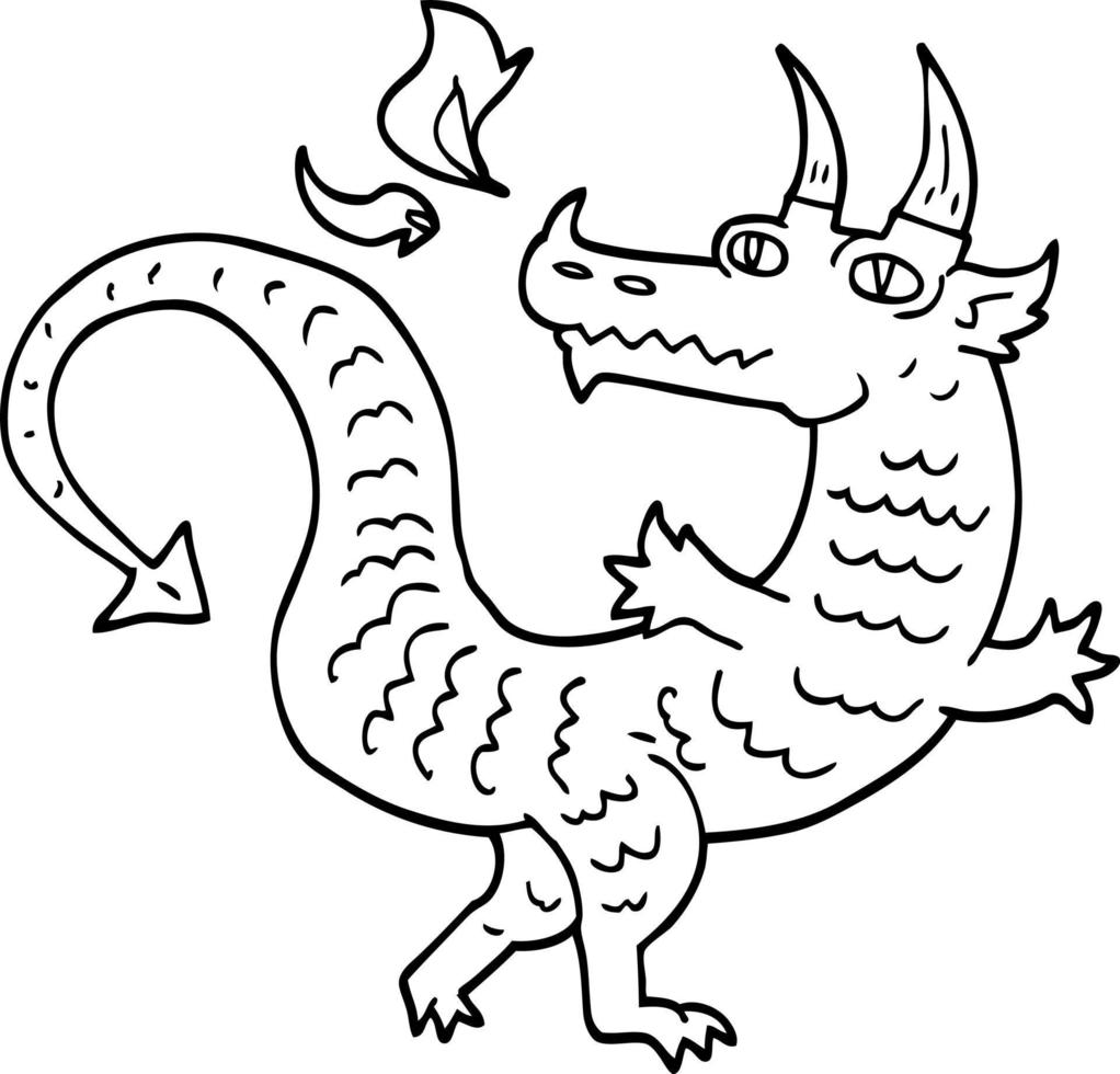 dragón mágico de dibujos animados de dibujo lineal vector