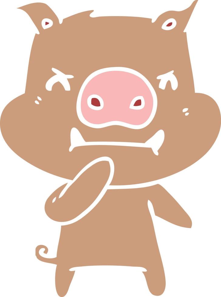 angry flat color style cartoon pig vector