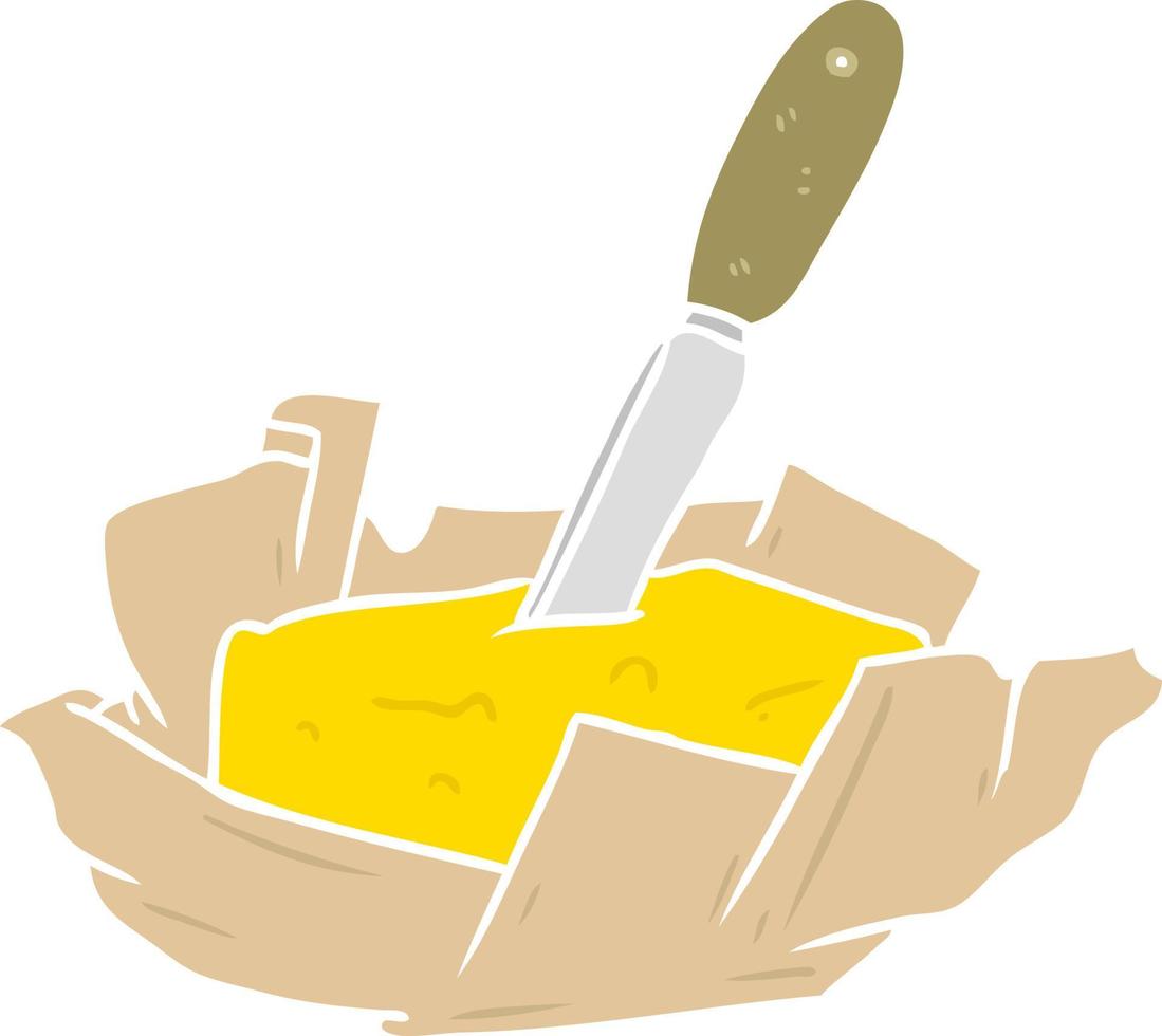 flat color style cartoon traditional pat of butter with knife vector