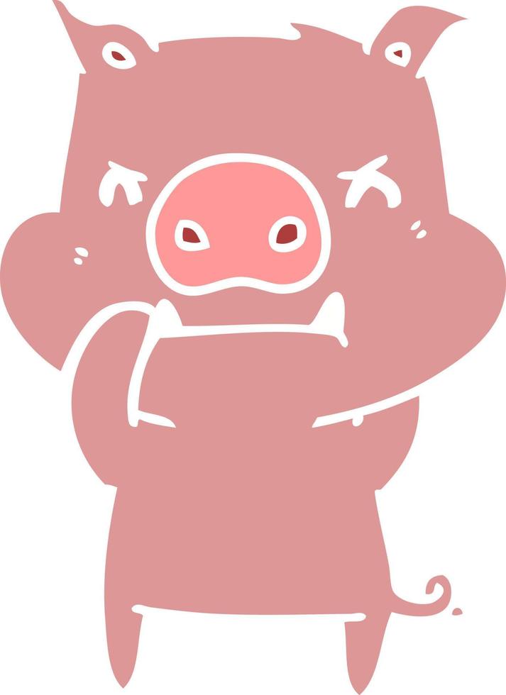 angry flat color style cartoon pig vector