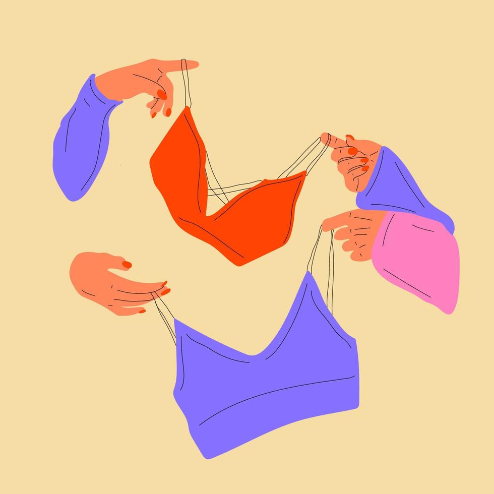 Hands hold underwear, a bra. .Vector in cartoon style. vector