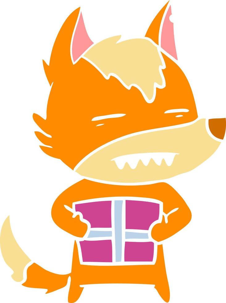 fox flat color style cartoon character with present vector