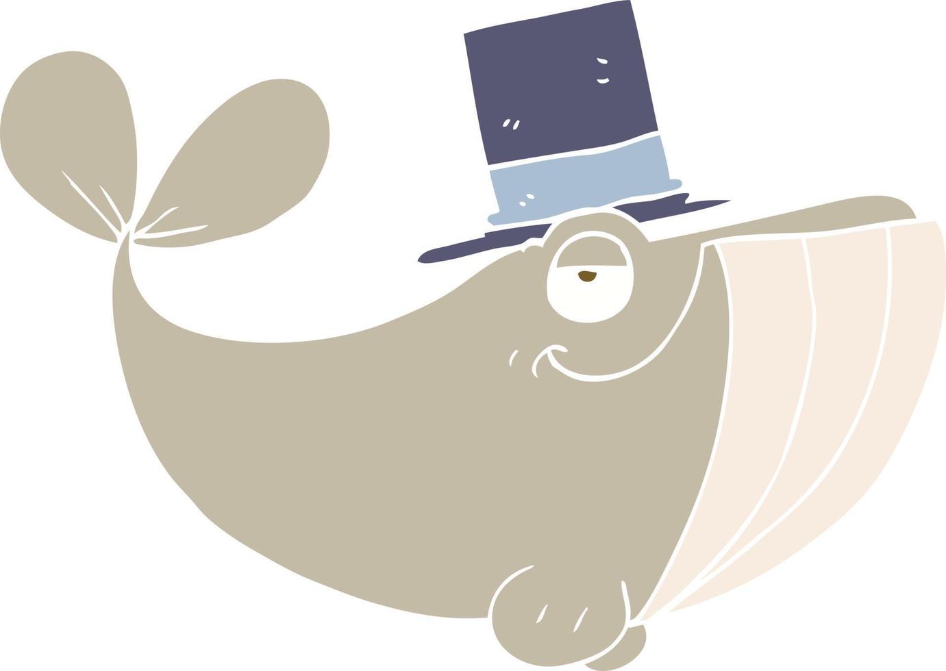 ilustración de color plano de una ballena de dibujos animados con sombrero de copa vector