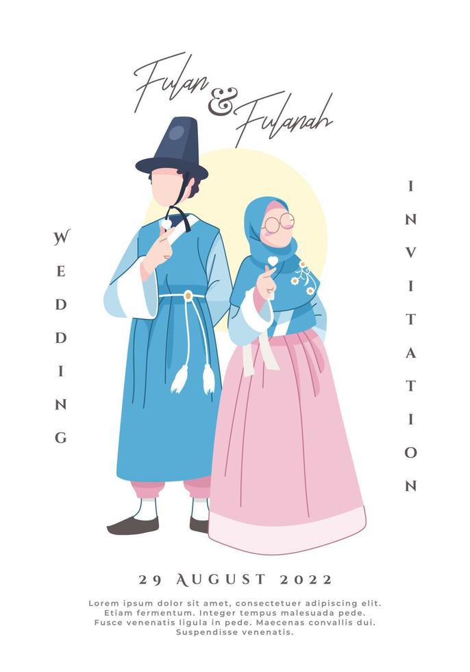 ilustración de pareja musulmana coreana con vestido tradicional azul y rosa vector