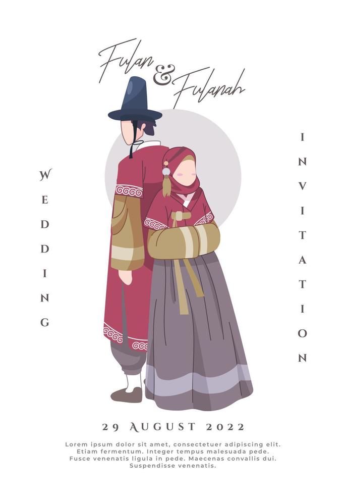 Korean Muslim couple illustration wearing traditional maroon dress vector
