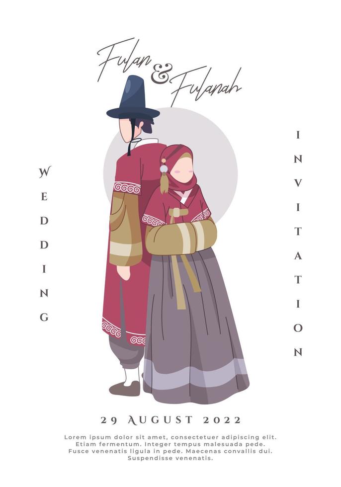 ilustración de pareja musulmana coreana con vestido granate tradicional vector