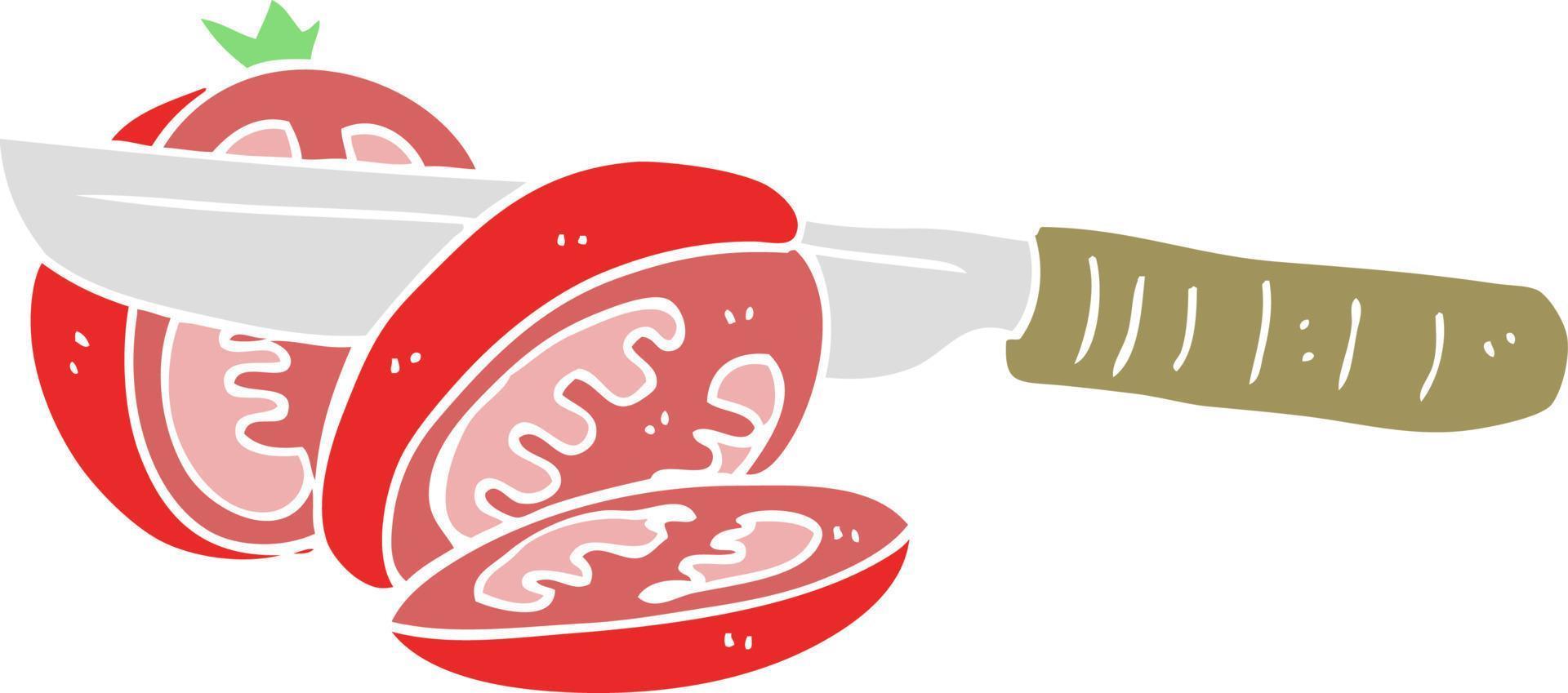ilustración de color plano de un cuchillo de dibujos animados cortando un tomate vector