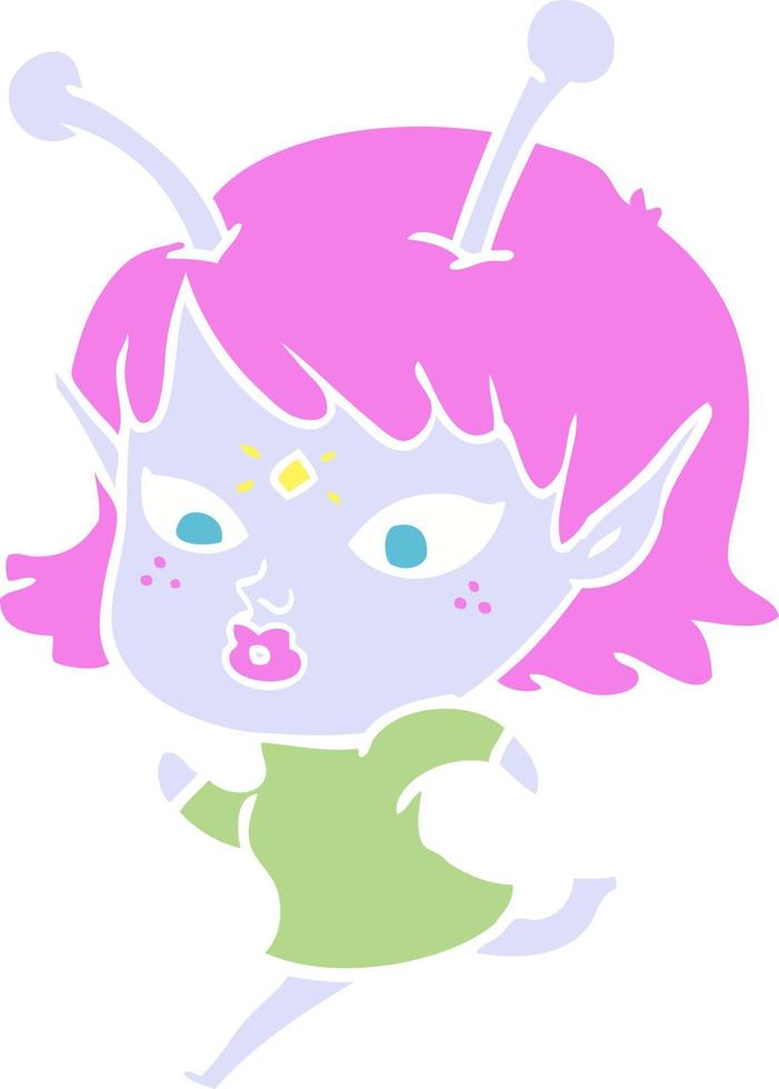 chica alienígena de dibujos animados de estilo de color bastante plano corriendo vector