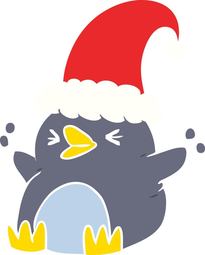 flat color style cartoon penguin wearing christmas hat vector