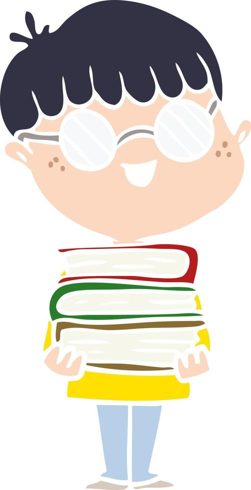 Chico nerd de dibujos animados de estilo de color plano con gafas y libro vector