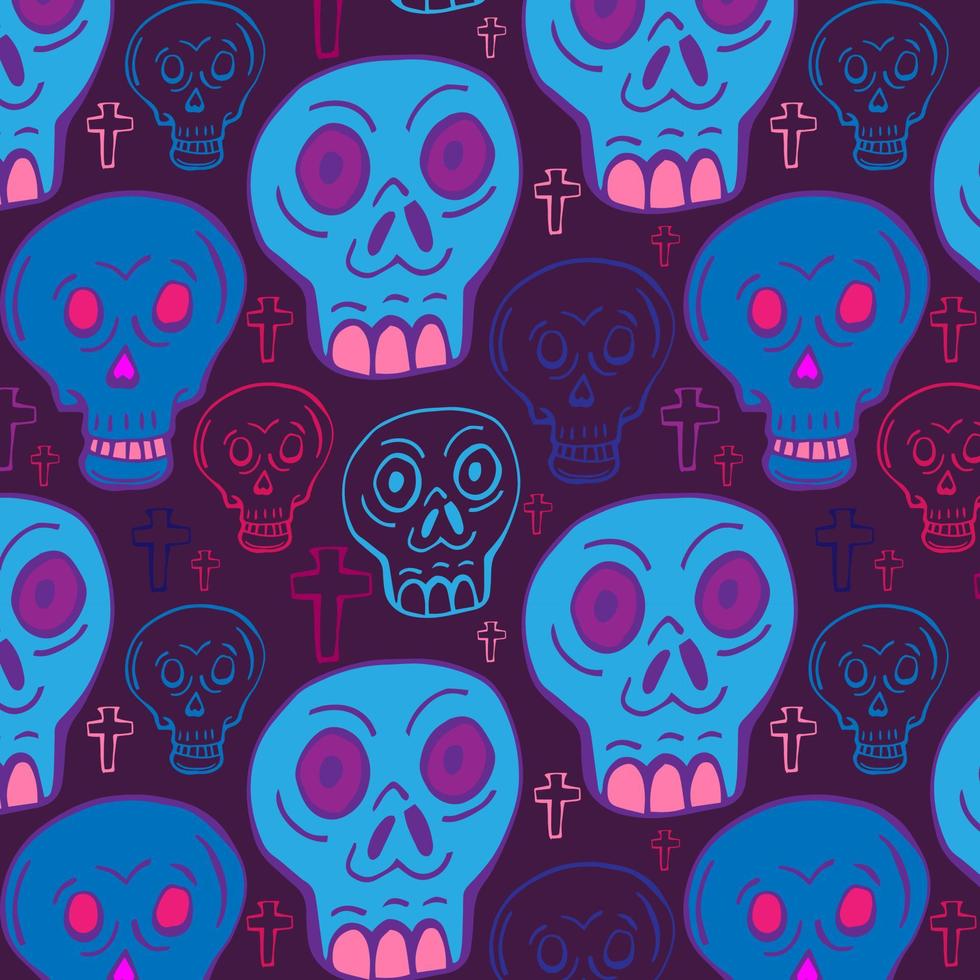 Dia de los muertos seamless vector pattern. The main symbols of the holiday on the dark background. Day of the dead.